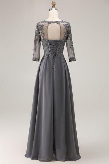 Steel Grey Appliqued A Line Pleated Beaded Mother Of The Bride Dress with Half Sleeves
